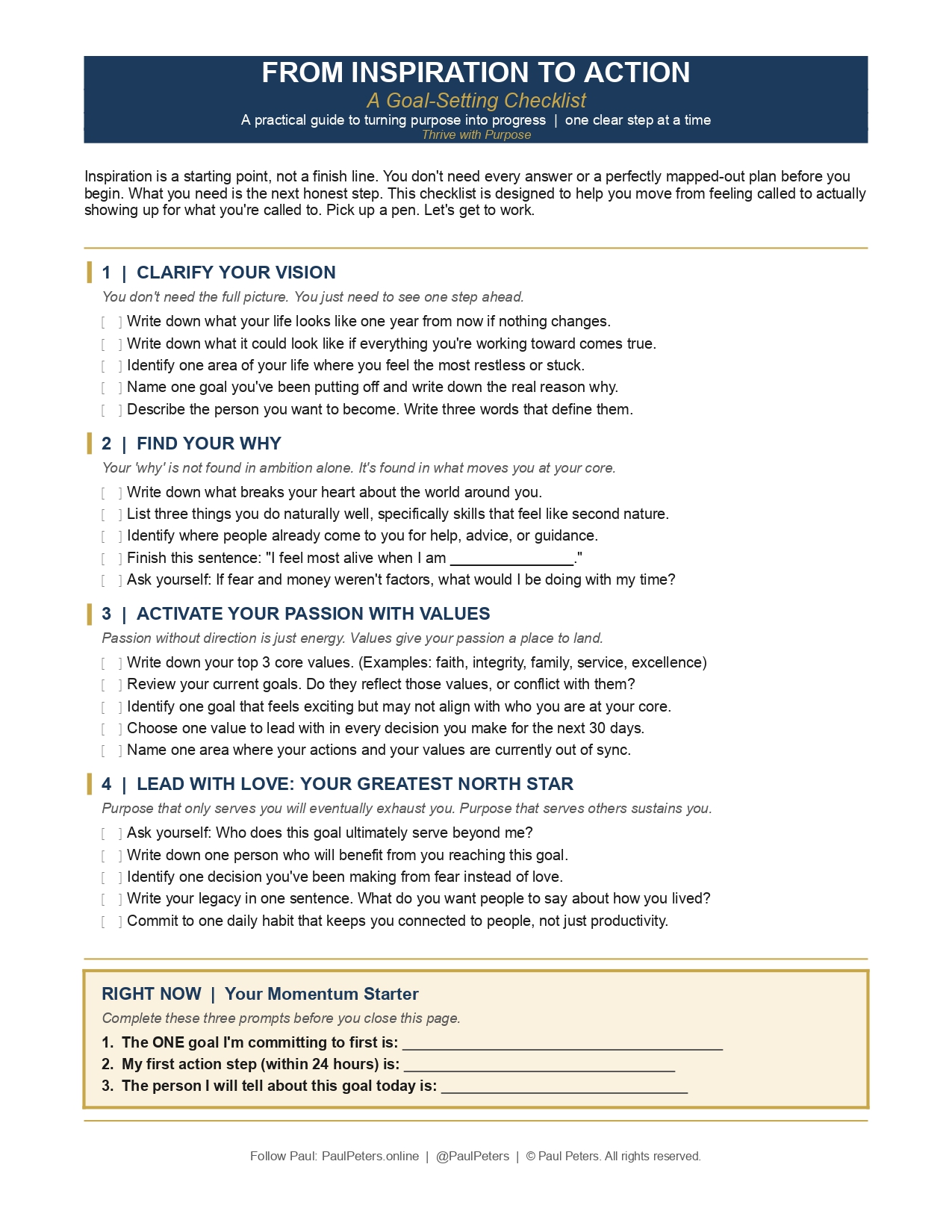 Free Goal-Setting Checklist | A Gift from Paul Peters, Author of The Heart of Success